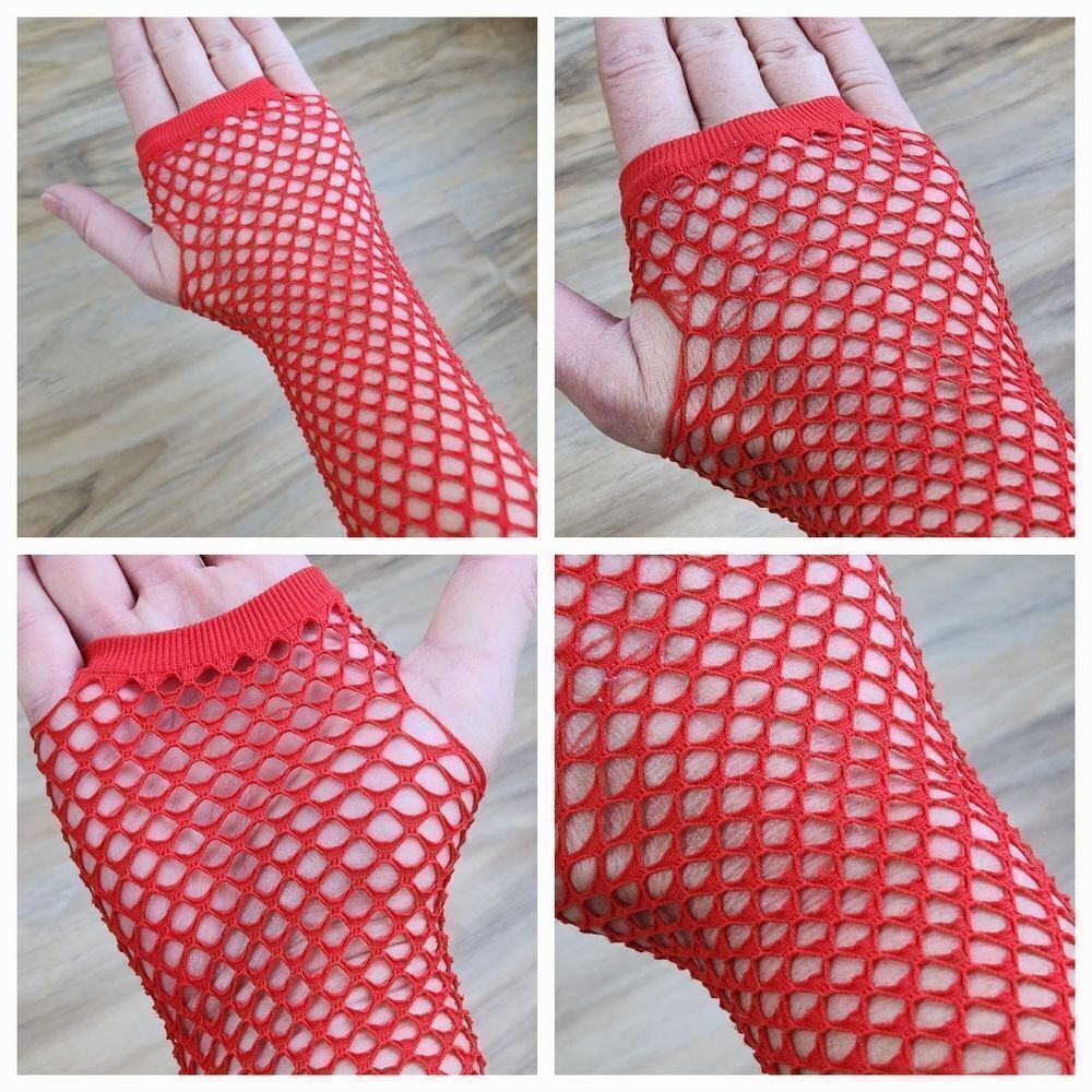 💜Red Fishnet Fingerless Gloves - Picture 3 of 4